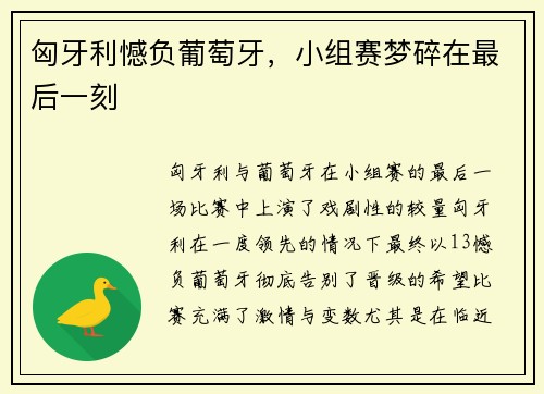 匈牙利憾负葡萄牙，小组赛梦碎在最后一刻
