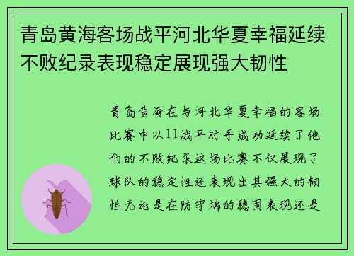 青岛黄海客场战平河北华夏幸福延续不败纪录表现稳定展现强大韧性
